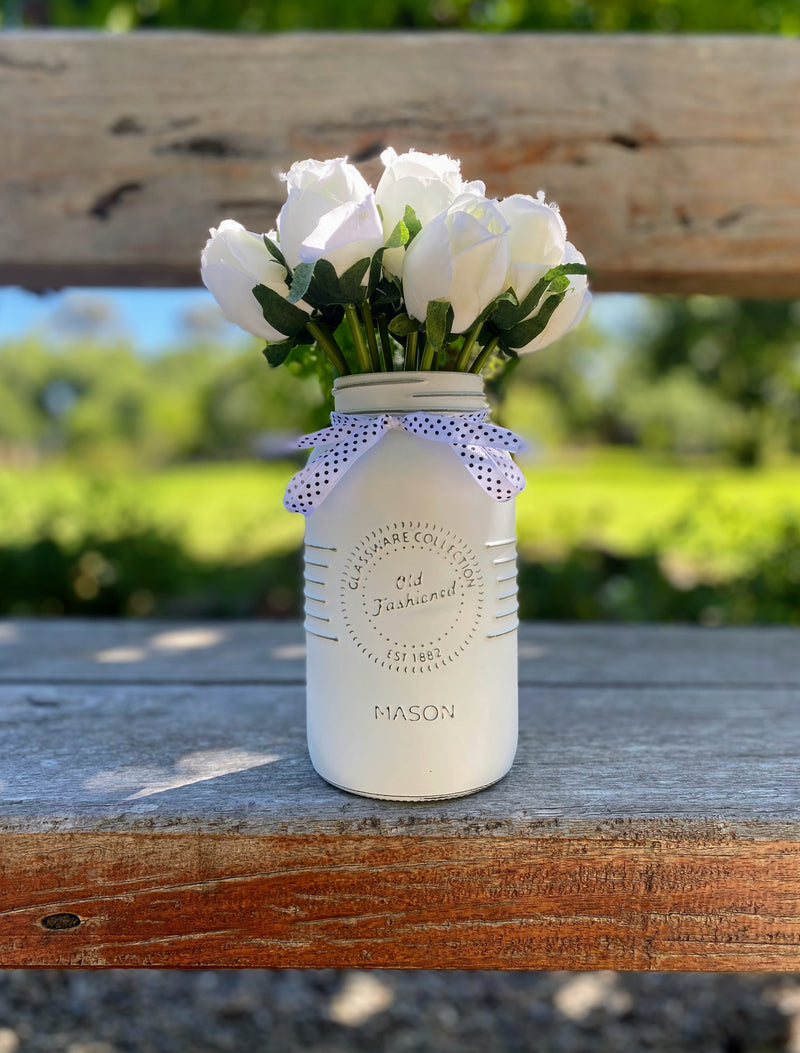 White Tulips Large Single Mason Jar With White Polka Dot Ribbon