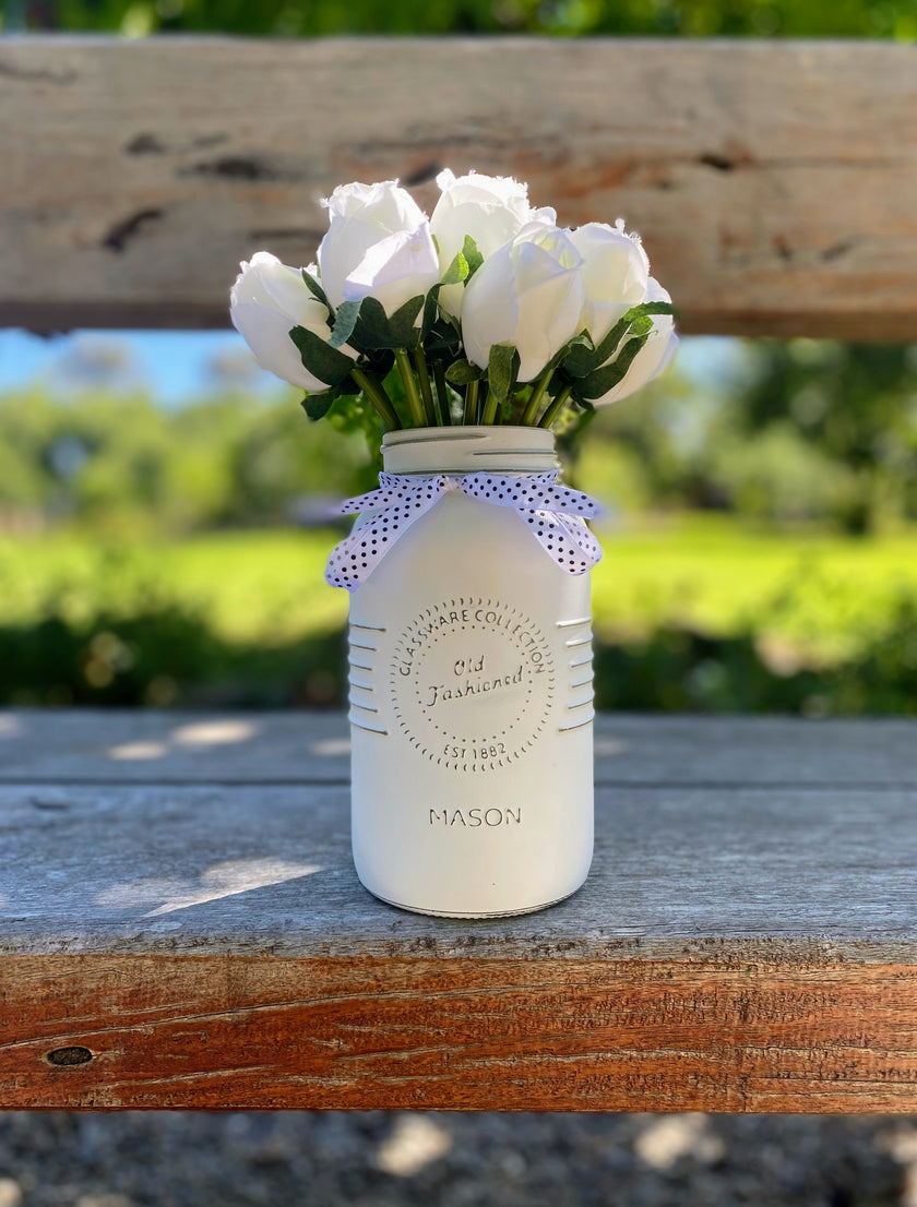 White Tulips Large Single Mason Jar With White Polka Dot Ribbon
