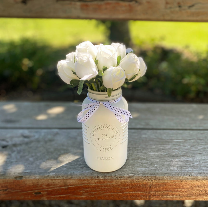 White Tulips Large Single Mason Jar With White Polka Dot Ribbon