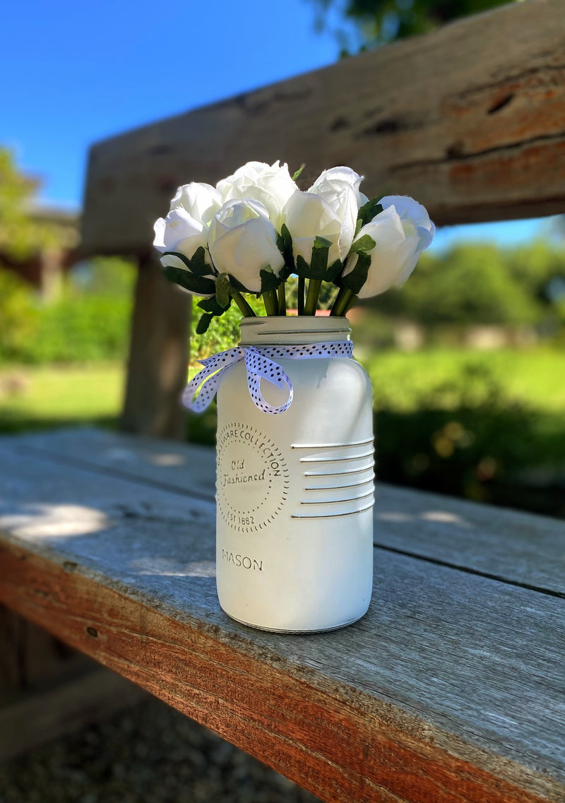 White Tulips Large Single Mason Jar With White Polka Dot Ribbon