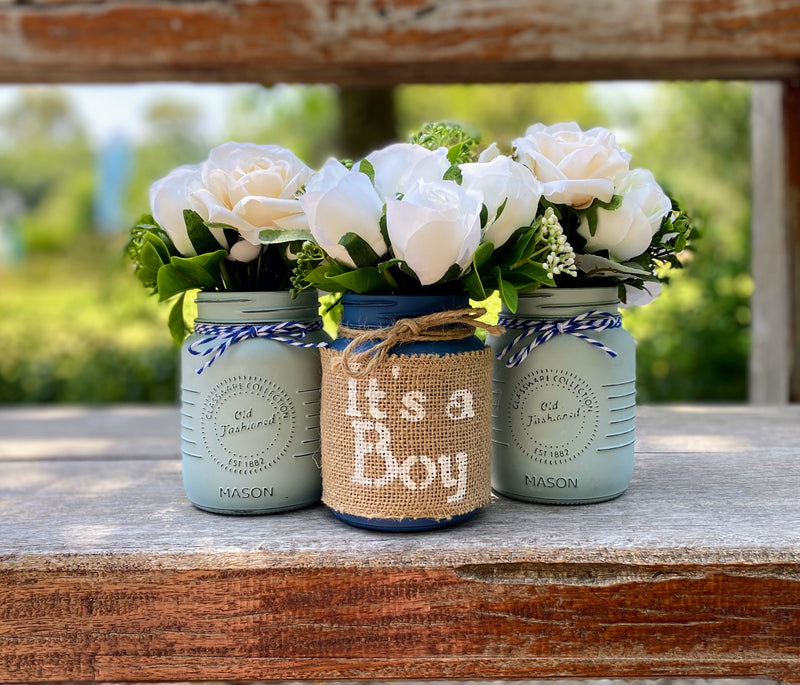 Boy Baby Shower Roses, Tulips Small Blue 3 Set Mason Jars with Twine