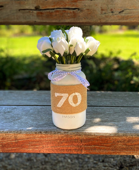 White Tulips Large 70th Mason Jar With Polka Dot Ribbon