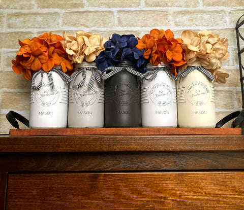 Blue, Orange and Cream Hydrangeas Large White and Grey 5 Set Mason Jars