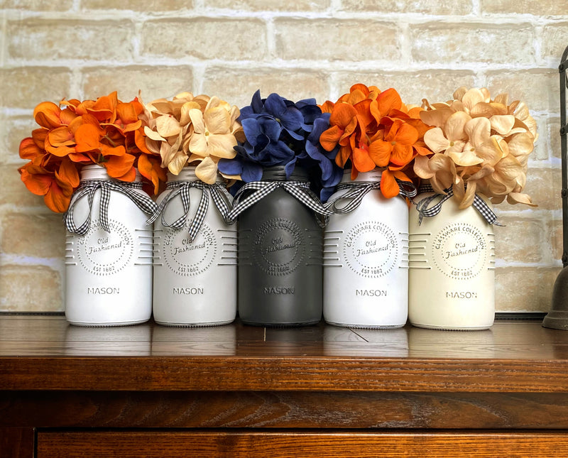 Blue, Orange and Cream Hydrangeas Large White and Grey 5 Set Mason Jars