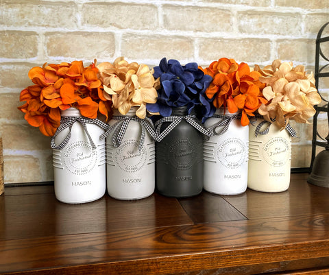 Blue, Orange and Cream Hydrangeas Large White and Grey 5 Set Mason Jars