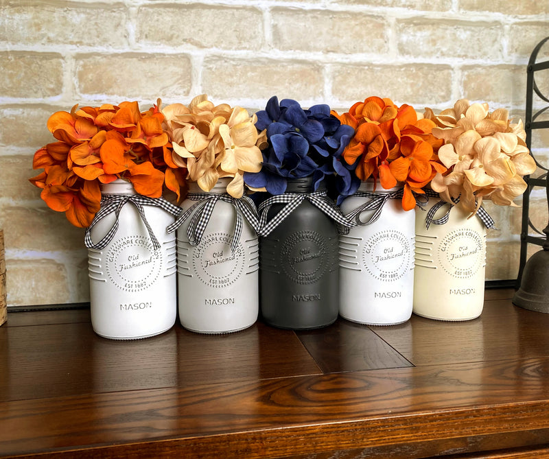 Blue, Orange and Cream Hydrangeas Large White and Grey 5 Set Mason Jars