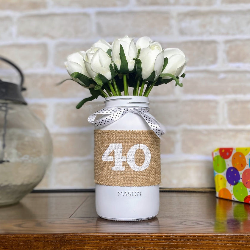 White Tulips Large 40th Mason Jar With Polka Dot Ribbon