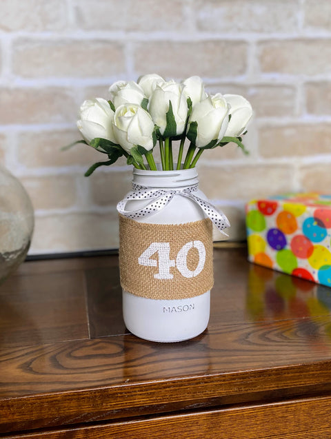 White Tulips Large 40th Mason Jar With Polka Dot Ribbon
