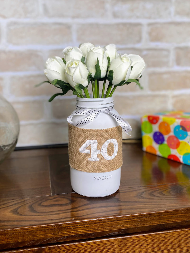 White Tulips Large 40th Mason Jar With Polka Dot Ribbon