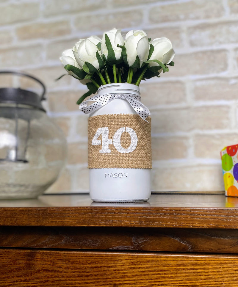 White Tulips Large 40th Mason Jar With Polka Dot Ribbon