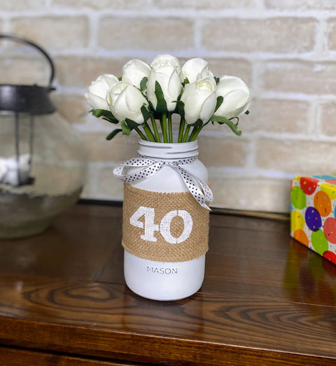 White Tulips Large 40th Mason Jar With Polka Dot Ribbon