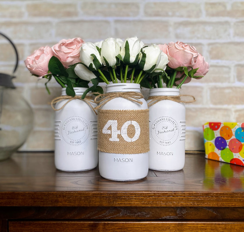 White Tulips and Light Pink Roses 40th Large 3 Mason Jar With Twine