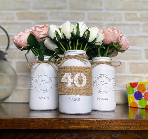 White Tulips and Light Pink Roses 40th Large 3 Mason Jar With Twine