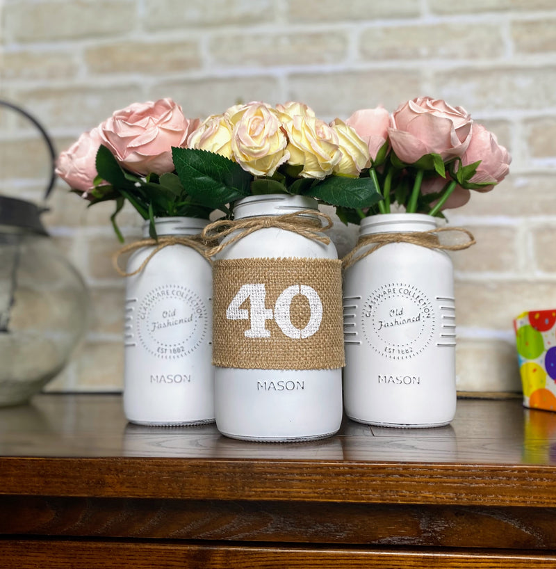 Ivory and Light Pink Roses 40th Large 3 Mason Jar With Twine
