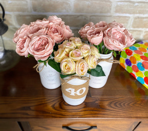 Ivory and Light Pink Roses 40th Large 3 Mason Jar With Twine