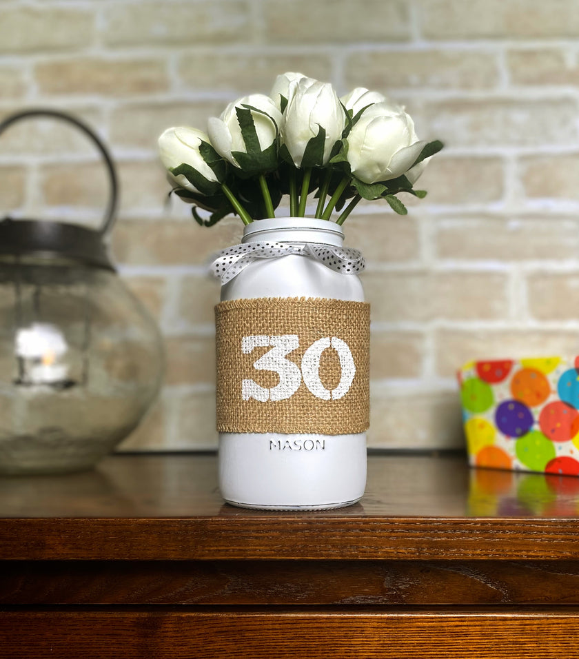 White Tulips Large 30th Mason Jar With Polka Dot Ribbon
