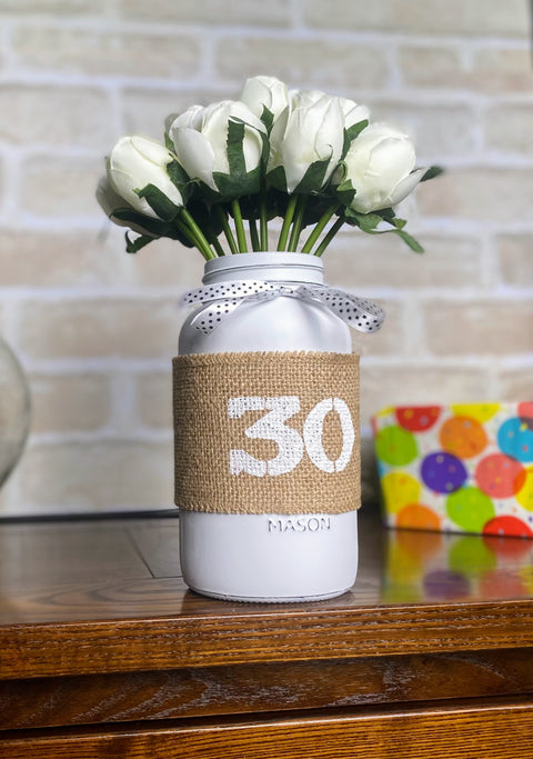 White Tulips Large 30th Mason Jar With Polka Dot Ribbon