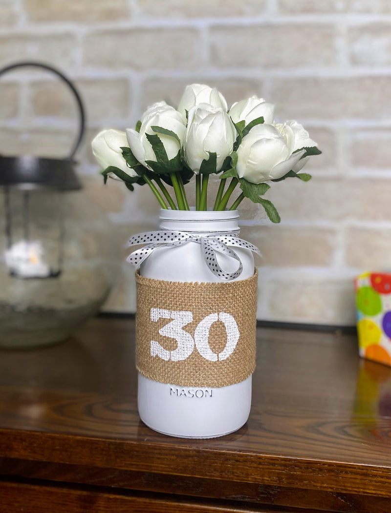 White Tulips Large 30th Mason Jar With Polka Dot Ribbon
