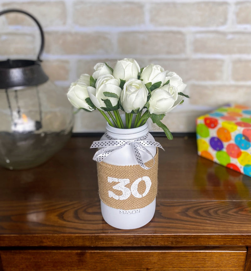 White Tulips Large 30th Mason Jar With Polka Dot Ribbon