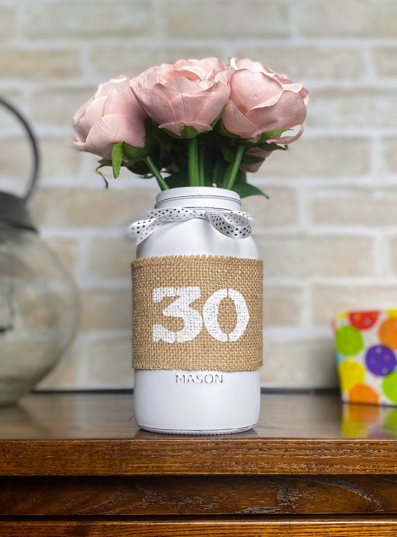 Light Pink Roses Large 30th Mason Jar With Polka Dot White Ribbon