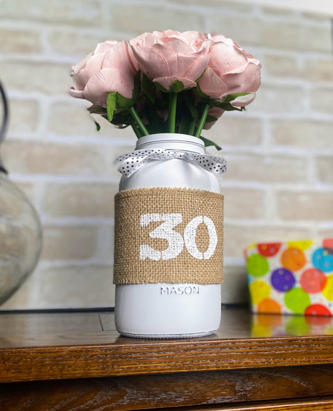 Light Pink Roses Large 30th Mason Jar With Polka Dot White Ribbon