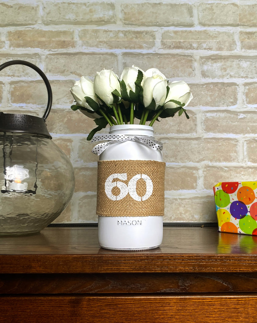 White Tulips Large 60th Mason Jar With Polka Dot Ribbon