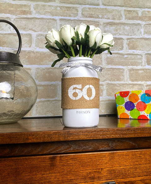 White Tulips Large 60th Mason Jar With Polka Dot Ribbon