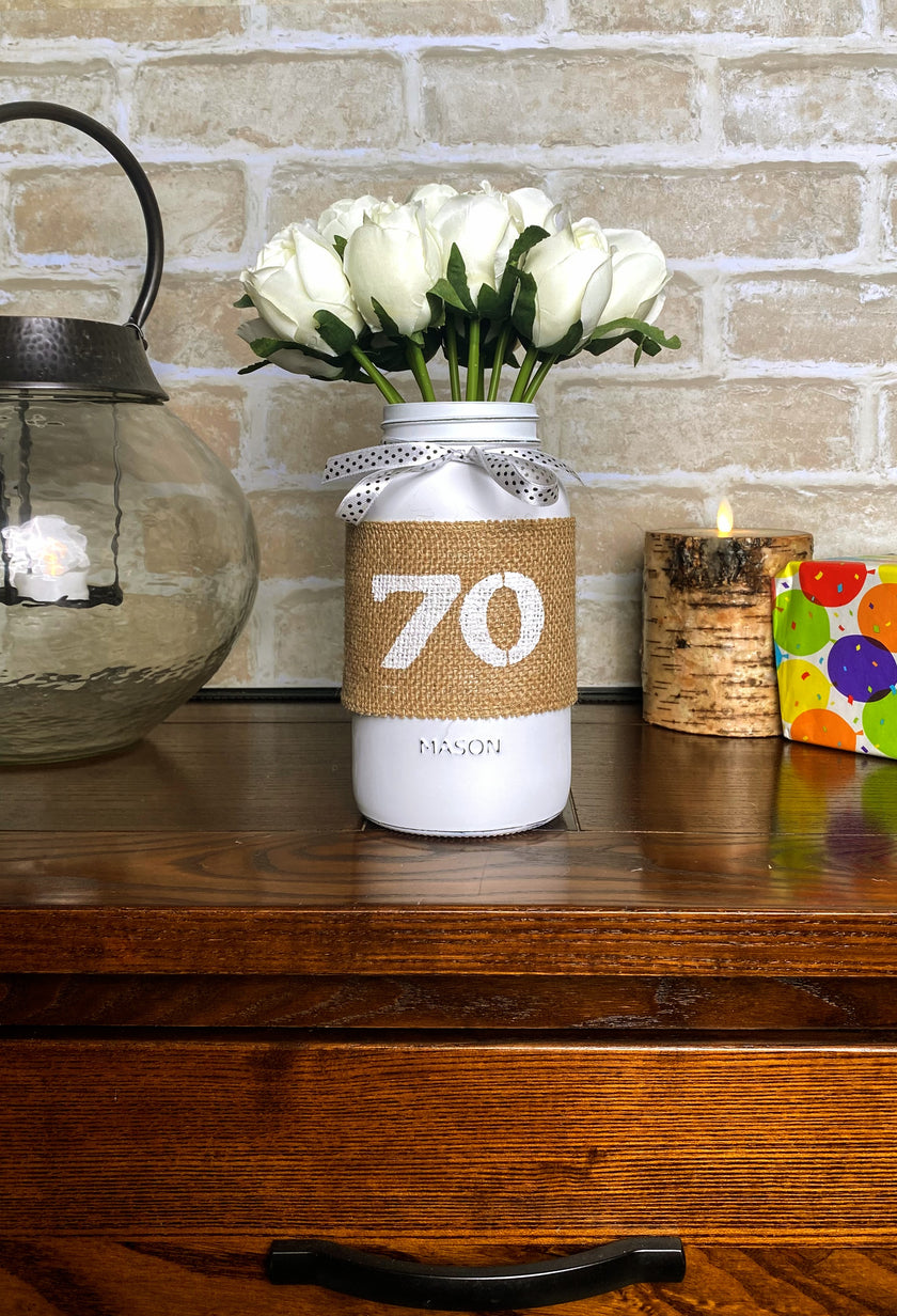 White Tulips Large 70th Mason Jar With Polka Dot Ribbon