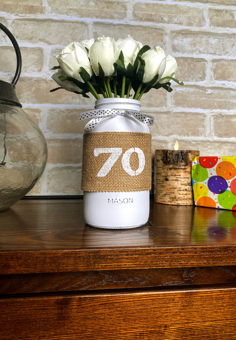 White Tulips Large 70th Mason Jar With Polka Dot Ribbon