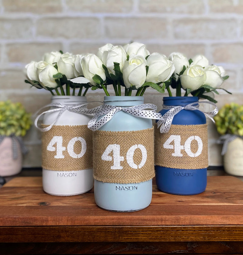 White Tulips 40th Large 3 Mason Jar With White Polka Dot Ribbon