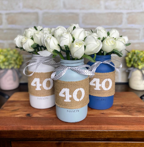 White Tulips 40th Large 3 Mason Jar With White Polka Dot Ribbon