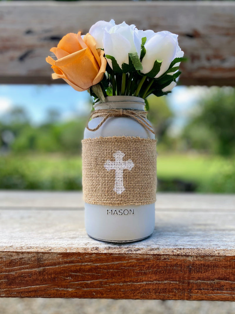 White Tulips With Burnt Orange Rose Large Mason Jar Cross