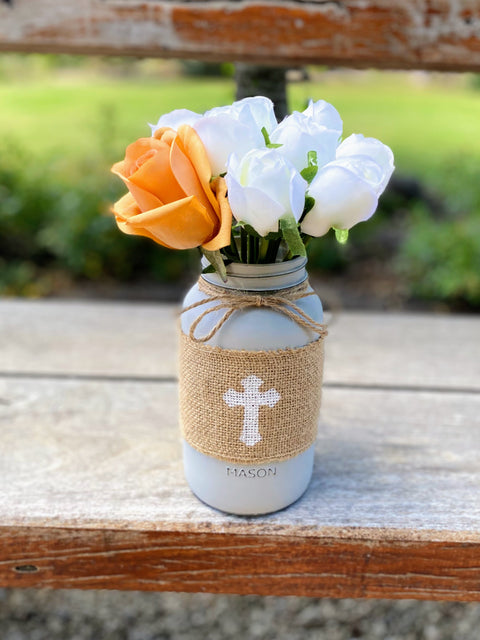 White Tulips With Burnt Orange Rose Large Mason Jar Cross