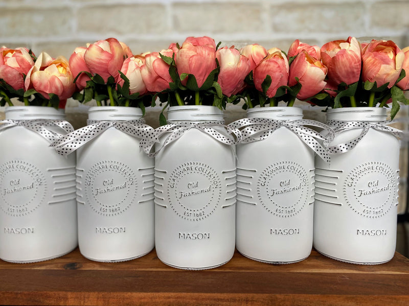 Pink Tulips Large White 5 Set Mason Jars