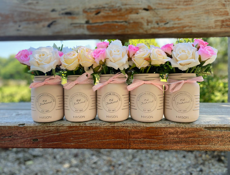 Baby Shower Roses Blush Pink 5 Set Mason Jars with Pink Polka Dot Ribbon
