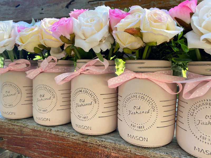 Baby Shower Roses Blush Pink 5 Set Mason Jars with Pink Polka Dot Ribbon