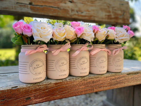 Baby Shower Roses Blush Pink 5 Set Mason Jars with Pink Polka Dot Ribbon