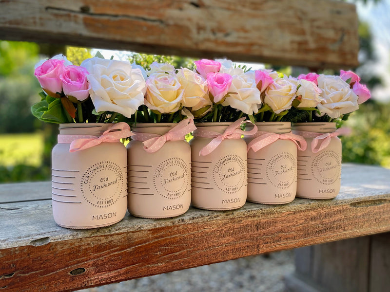 Baby Shower Roses Blush Pink 5 Set Mason Jars with Pink Polka Dot Ribbon