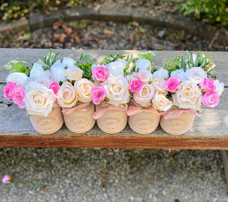 Baby Shower Roses Blush Pink 5 Set Mason Jars with Pink Polka Dot Ribbon
