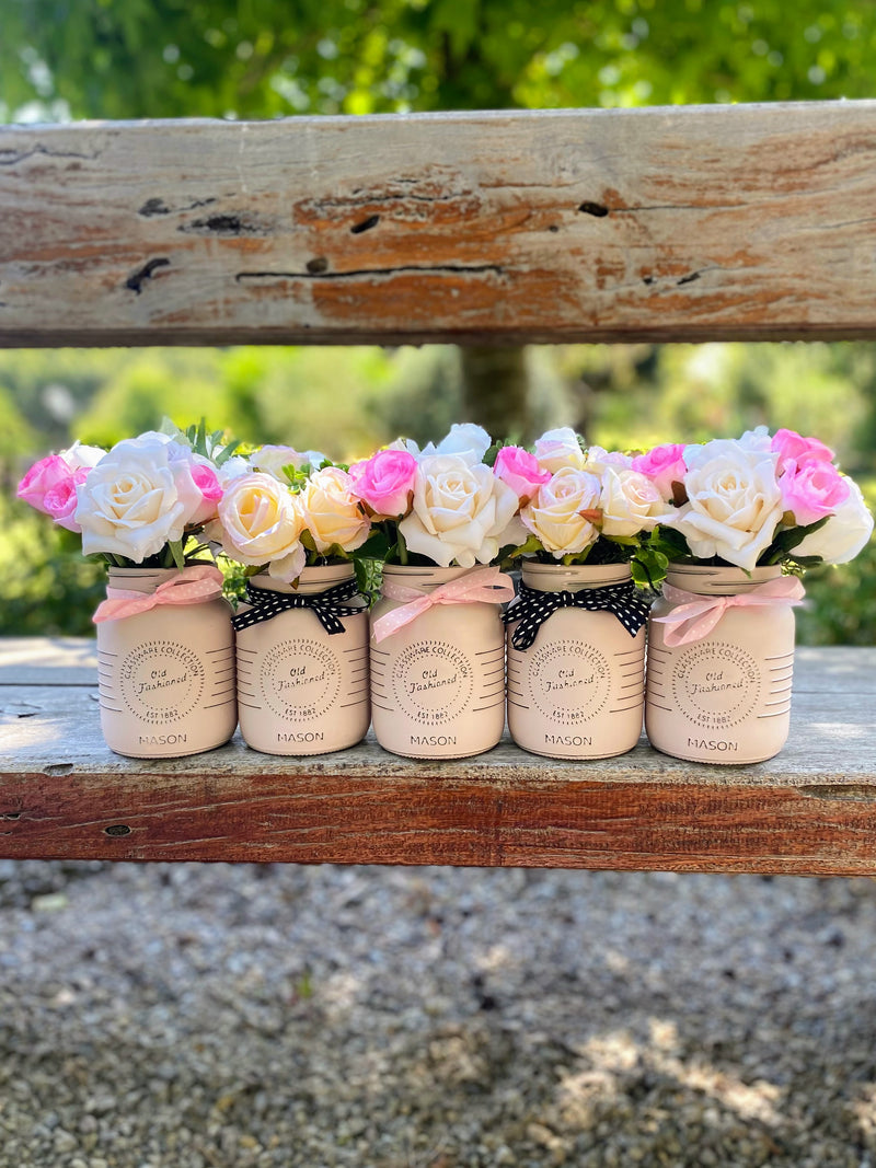 Baby Shower Roses Blush Pink 5 Set Mason Jars with Pink Polka Dot and Black Stich Ribbon