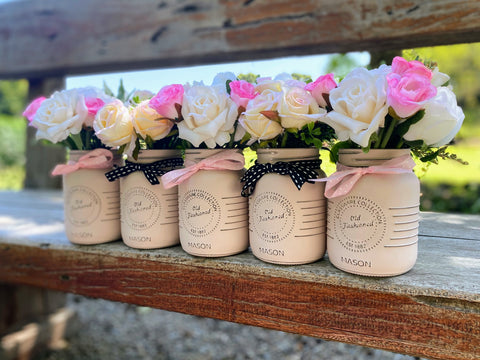 Baby Shower Roses Blush Pink 5 Set Mason Jars with Pink Polka Dot and Black Stich Ribbon