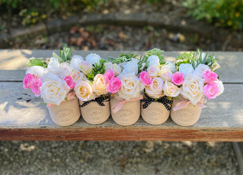 Baby Shower Roses Blush Pink 5 Set Mason Jars with Pink Polka Dot and Black Stich Ribbon