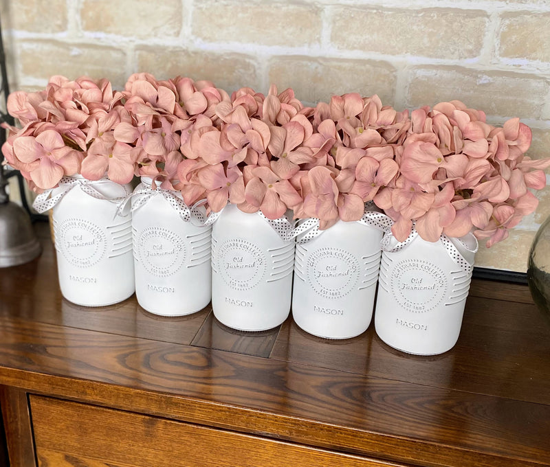 Light Pink Hydrangeas Large White 5 Set Mason Jars
