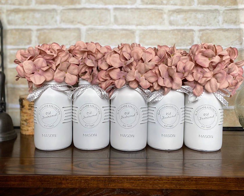 Light Pink Hydrangeas Large White 5 Set Mason Jars