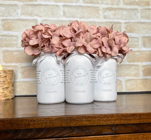 Light Pink Hydrangeas Large White 3 Set Mason Jars