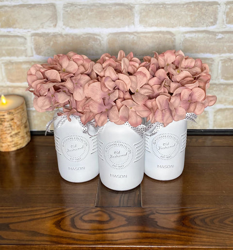 Light Pink Hydrangeas Large White 3 Set Mason Jars