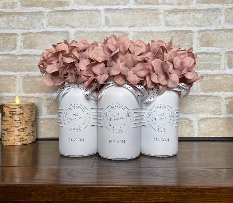 Light Pink Hydrangeas Large White 3 Set Mason Jars