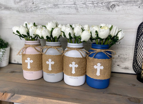 White Tulips With 4 Large Mason Jar Cross
