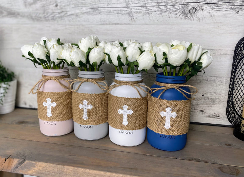 White Tulips With 4 Large Mason Jar Cross
