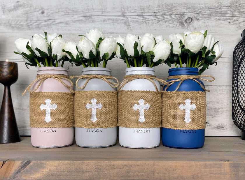 White Tulips With 4 Large Mason Jar Cross